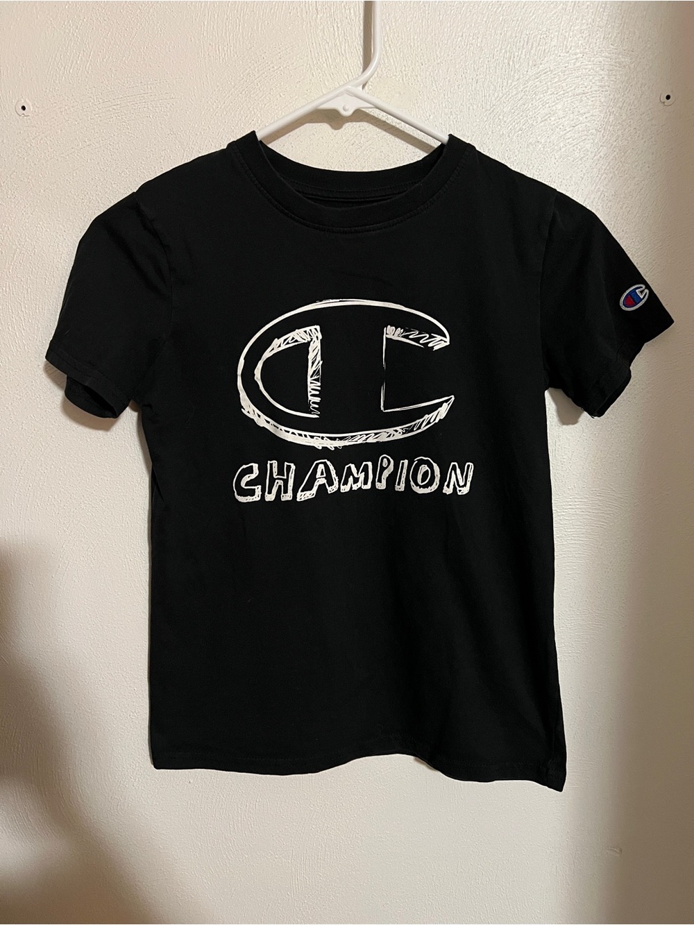 CHAMPION Classic Athletic Casual Athleisure Logo T Shirt Black White Boy's Sz M